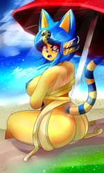 1girls animal_crossing ankha anthro ass back bandage beach blue_hair breasts feline female female_only furry glowing_eyes huge_ass huge_breasts nintendo nipples outdoors pink_eyes short_hair sideboob sitting source_request stripes tail teris text thick_thighs thighs water watermark wide_hips year_request yellow_fur