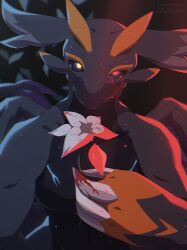 2026 absurd_res ambiguous_gender anthro black_arms black_body black_ears black_face black_sclera black_skin black_wings blood blood_on_face blood_on_hand blue_markings bodily_fluids claws crying digital_drawing_(artwork) digital_media_(artwork) doratama dragon english_text eyebrows flower hi_res holding_object horn illusia_(doratama) looking_at_viewer male_(lore) markings mythological_creature mythological_scalie mythology orange_eyebrows orange_hands orange_horn petals plant purple_eyes red_lighting refl3ctron scalie shadow signature solo tears text white_flower wings yellow_eyes young_plague_dragon_(doratama)