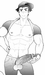 1boy abs big_penis black_and_white blush hat huge_cock human human_only jeans kakenari male male_only monochrome muscles muscular pecs pokemon pokemon_sm red_(pokemon) shirt shirt_pulled_behind_neck solo