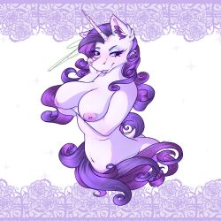 1girls 2025 anthrofied arm_under_breasts ass blue_eyes bust_portrait curly_hair digital_media_(artwork) equine eyeshadow friendship_is_magic furry hand_on_head hasbro hi_res horse_girl large_breasts lipstick long_tail looking_down my_little_pony mythological_creature navel nude pattern_background pierced_nipples purple_hair rarity_(mlp) slender_waist smile snout unicorn white_fur wolfieswap