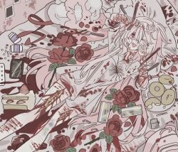 ;d blood blood_from_eyes bottle cake dress drugs energy_drink feet_out_of_frame female flower food full_body hand_up highres long_hair long_sidelocks lying meremero on_back one_eye_closed original photo_(object) pill pink_hair pool_of_blood ribbon rose self-harm sidelocks smile solo streamers white_dress wrist_cutting