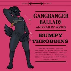 abs absurd_res aircraft album_cover_parody anthro avian ball_tuft balls beak bird black_body black_sclera blue_body blue_eyes bodily_fluids claws clothing corvid corvus_(genus) cowboy cowboy_hat crow cum dancing english_description english_text erection feather_tuft feathers genital_fluids genitals gun hat headgear headwear helicopter hi_res humor looking_at_viewer male male_stripper muscular music oscine parody passerine pasties penis pierogipie ranged_weapon smug solo swinging_penis tail tail_feathers tassels text tuft vehicle weapon