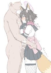 1boy 1girls allied_hyakkiyako_academy_student animal_ears balls bar_censor big_penis big_penis_adoration black_gloves black_hair black_hair_female black_skirt blue_archive bottom_heavy censor_bar censored censored_penis cock dick female fishnet_legwear genitals gloves heart izuna_(blue_archive) large_penis light-skinned_female light-skinned_male light_skin male mo_(kireinamo) mosouko ninjutsu_research_club_(blue_archive) penis size_queen skirt small_breasts spoken_heart tail testicles thick_thighs woman