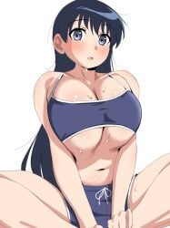 arato_nagi blush breast_squish exhausted hands_between_legs huge_breasts indian_style open_mouth ruri_no_houseki short_shorts sports_bra sweat