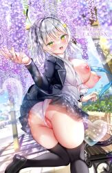 ahoge artist_name bench bird_hair_ornament black_jacket black_shoes black_thighhighs blazer blue_necktie breasts censored clothing_aside collared_shirt commentary_request female flower green_eyes grey_hair grey_skirt hair_ornament heart highres jacket mosaic_censoring nae-nae necktie open_mouth outdoors panties panties_aside pantyshot plaid_clothes plaid_skirt pleated_skirt purple_flower pussy saikin_kokuhaku_wo_kotowatta_bakari_no_kouhai_joshi_ga_gimai_ni_natteshimatta shirt shoes skirt solo thighhighs underwear white_shirt