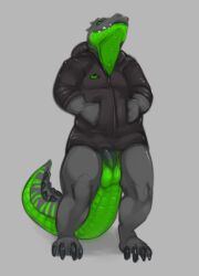 2018 anthro balls black_body black_penis bottomless bottomless_anthro bottomless_male clothed clothing crocodile crocodilian erection genitals green_body green_eyes grey_background hoodie hoodie_only koal_(huskhusky) male male_anthro mintyderg penis reptile scalie simple_background solo standing teeth topwear topwear_only