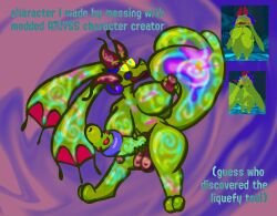 2_toes abstract_background alien ambiguous_species animal_genitalia antennae_(anatomy) antennae_markings anthro atlyss ball_markings balls barely_visible_genitalia barely_visible_sheath big_breasts big_ears big_penis big_tail breast_markings breast_play breasts dragon english_text feet genital_markings genitals glowing glowing_body glowing_eyes glowing_genitalia glowing_markings glowing_penis glowing_tail goo_creature green_body gynomorph hanging_breasts herm holding_breast horn huge_cock hybrid hyper hyper_genitalia hyper_penis intersex kiseff kubold_(atlyss) leg_markings m-a-dragon markings membrane_(anatomy) multicolored_body mythological_creature mythological_scalie mythology navel nipple_fetish nipple_play nipples nubbed_penis penis penis_markings ringed_penis scalie screencap shaded sheath solo standing tail tail_markings text thick_thighs thigh_markings toes