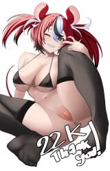 animal_ears anus bikini bikini_top_only black_bikini black_streaks black_thighhighs blue_eyes blush bottomless breasts cleavage collarbone commentary english_commentary english_text female full_body hair_between_eyes hakos_baelz highres hololive hololive_english large_breasts looking_at_viewer mouse_ears mouse_girl mouse_tail multicolored_hair navel no_shoes one_eye_closed pussy red_hair sharp_teeth si_farid simple_background smile solo spread_legs streaked_hair swimsuit tail teeth thighhighs uncensored virtual_youtuber white_background white_hair