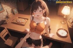 1boy 1girl ahoge ai_generated arm_support bare_arms bare_shoulders belt black_bra black_shorts blue_shirt blush bra bra_strap braid braided_ponytail breasts brown_hair camisole chair cleavage clothed_sex collarbone crop_top cum cum_in_pussy cup earrings ejaculation from_above girl_on_top green_eyes hetero indoors jewelry large_breasts long_hair looking_at_viewer medium_breasts micro_shorts midriff mosaic_censoring navel nivora open_fly open_mouth orange_shirt patreon penis pov pussy re:zero_kara_hajimeru_isekai_seikatsu sex shaula_(re:zero) shirt short_shorts shorts single_braid skirt sleeveless sleeveless_shirt solo_focus spaghetti_strap standing stomach straddling string_bra sweat table thighs torn_clothes torn_shorts torso_grab trembling uncensored underwear vaginal very_long_hair