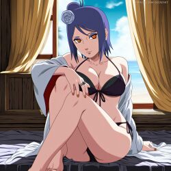 1girls abs ai_generated alternate_costume arm_behind_head beach beach_house bikini black_bikini blue_hair blush child_bearing_hips cleavage curvaceous curvy curvy_body curvy_female curvy_figure embarrassed female flower flower_in_hair hair_ornament happy_female hourglass_figure konan mature mature_female naruto naruto_(series) naruto_shippuden nature one_arm_up outdoors pinup pose posing posing_for_the_viewer river secreart seductive seductive_look seductive_pose sexy_pose shirt sitting sunset swimsuit toned toned_female upper_body voluptuous water watermark wet wet_body wet_skin wide_hips
