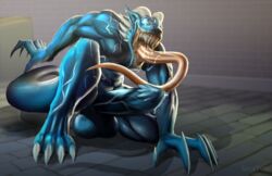 1boy balls big_penis erection hi_res horn long_tongue male male_only muscular muscular_male nude open_mouth penis sharp_teeth shintori solo symbiote teeth tongue tongue_out