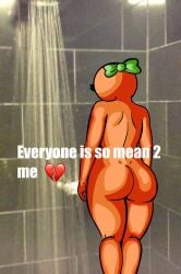 1girls alternate_version_available ass chetoh completely_nude emoji everyone_is_so_mean_2_me female female_focus female_only impact_(font) leaf leaf_hair looking_down mandy_(chetoh) meme naked naked_female nude nude_female oc orange orange_body original original_character photo_background rear_view shower text uncensored white_text