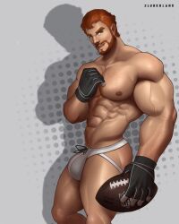 bara baraland beard body_hair brad_(coming_out_on_top) facial_hair football_ball ginger_beard ginger_hair gloves green_eyes jockstrap male male_only muscular red_hair smiling_at_viewer