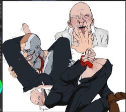 2025 2boys ass bite_mark black_eye blood_on_face blue_eyes blush blush_lines brown_hair butt_crack cecil_stedman clothed clothing donald_ferguson erection erection_under_clothes fingers fingers_in_mouth glasses hair heart_symbol holding holding_leg holding_legs invincible invincible_(comics) invincible_(tv_series) legs legs_apart legs_spread light-skinned_male light_skin looking_at_viewer male male/male male_only nekromamtik no_visible_genitalia office_clothing open_eyes open_mouth red_tie robot_humanoid saliva scar shirt shoes short_hair simple_background tear tears teeth teeth_showing teeth_visible tie tied_hands tied_up tongue tongue_out white_background white_hair white_shirt