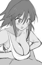 bangs bare_shoulders blush breast_squeeze breasts collarbone dark_skin female greyscale hair_between_eyes highres idolmaster idolmaster_cinderella_girls large_breasts monochrome natalia_(idolmaster) open_mouth paizuri paizuri_under_clothes penis short_hair simple_background smile solo_focus straight white_background yamaguchi_(shinigami-no-barad)