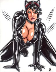 all_fours batman_(series) black_hair bodysuit catwoman cleavage dc dc_comics orville selina_kyle shiny_suit straight_hair unzipped zipper_pull_tab