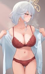 blue_archive blush bra braid breasts cleavage collarbone earrings eri_(blue_archive) female floral_print halo hat highres jewelry large_breasts long_hair long_sleeves looking_to_the_side navel panties presenting print_bra print_panties red_bra red_panties shirt side_braid single_braid solo standing uine_(bobhairshuki) underwear undressing white_hair white_shirt witch_hat yellow_eyes yellow_halo