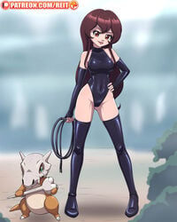 background big_breasts boots brown_eyes brown_hair cubone femdom giselle_(pokemon) gloves karakara_(pokemon) latex latex_boots latex_gloves latex_thighhighs long_hair looking_at_viewer patreon pokemon pokemon_(species) pokemon_trainer reit smile straight_hair thigh_boots whip