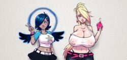 2girls alternate_version_available angel_wings backless_gloves belt big_breasts black_panties black_skirt black_wings blonde_hair blue_hair breast_size_difference breast_suppress cleavage clothed collarbone cropped_torso dark-skinned_female dark_blue_hair exposed_breasts fingerless_gloves flipping_off fuchsia_fitzpatrick gaping_nipples gesture hairclip halo height_difference highleg highleg_panties huge_breasts inverted_nipples jeans larger_female linty linty_(character) long_ponytail medium_hair middle_finger midriff miniskirt navel nephilim_lamedh nipples nipples_visible_through_clothing off_shoulder pale-skinned_female pink_belt pink_nipples pleated_skirt ponytail raglan_sleeves red_strand_of_hair ring rude see-through short_skirt skirt sleeves_pushed_up smaller_female tank_top thong two_tone_hair v whale_tail white_belt white_shirt wide_hips wings wristband