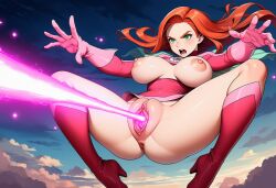 1girls ai_generated atom_eve breasts_out energy_blast female female_only flying invincible invincible_(tv_series) laser_beam midair pussy pussy_attack red_hair sky solo special_attack superheroine superpowers