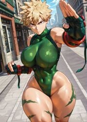 abs ai_generated army_clothing army_outfit bakugou_katsuki big_ass big_boobs big_breasts big_thighs blonde blonde_hair camo camo_print camouflage city city_background cityscape day daytime female_bakugou fighting_stance fingers gloves huge_breasts katsuki_bakugou long_hair muscular_female my_hero_academia pavement red_eyes round_breasts rule_63 smirk solo solo_female solo_focus thick_thighs tight_clothes tight_clothing tight_fit tight_pussy transformation walking_towards_viewer