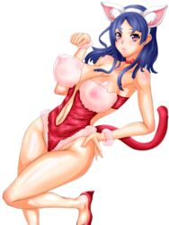 1girls active_raid alternate_version_available bare_shoulders big_breasts blue_hair blush bracer busty choker cleavage curvy erect_nipple erect_nipples fake_animal_ears fake_tail female female_only front_view high_heels hoshimiya_haruka hourglass_figure human leg_lift leg_up leotard looking_at_viewer pose posing purple_eyes see-through shiny shiny_skin short_hair simple_background solo standing terakinoko thong voluptuous wide_hips