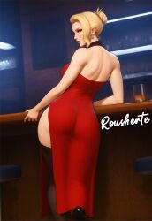 ai_generated bar blonde_hair exposed_back final_fantasy final_fantasy_vii final_fantasy_vii_remake from_behind high_heels mature_female milf ponytail red_dress rousherte scarlet_(ffvii) self_upload stockings tagme