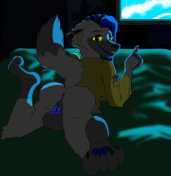 anthro anus ass aurelia_(weenpeen) backsack balls blue_hair bottomless brown_eyes canid canine canis clothed clothing fur genitals glowing glowing_eyes glowing_genitalia glowing_vulva grey_body grey_fur hair herm hi_res intersex looking_at_viewer looking_back looking_back_at_viewer mammal piercing rear_view solo vulva weenpeen wolf yellow_sclera