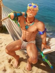 1boy abs armpit_hair barefoot beach beach_background boxers bushy_pubes collars earrings erect_nipples flushed full_body glowdaizi hairy_armpits hairy_pubes hammock leg_hair male male_only overwatch overwatch_2 pubes real_life_background sand seated sfw sfw_version six_pack solo solo_male sunglasses sunglasses_on_head sweaty sweaty_body underwear wuyang wuyang_(overwatch) wuyang_ye