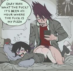 2boys anal black_hair blush celestia_ludenberg cigarette danganronpa:_trigger_happy_havoc danganronpa_(series) danganronpa_2:_goodbye_despair danganronpa_v3:_killing_harmony english_text facial_hair flipped_hair goatee hair_between_eyes highres jacket long_sleeves male_focus miri_(bossu_osu) momota_kaito monokuma monomi_(danganronpa) multiple_boys oma_kokichi open_mouth saliva sex shirt short_hair speech_bubble spiked_hair teeth yaoi