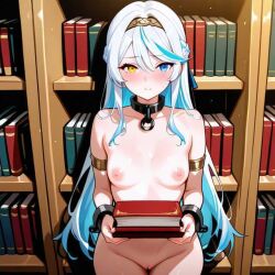ai_generated armlets benmccannon_(artist) blue_eye blue_streaks books bookshelf braid braided_hair female hairband heterochromia librarian library long_hair metal_armlets metal_collar metal_cuffs multicolored_hair small_breasts stable_diffusion white_hair yellow_eye