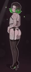 1boy 1femboy back_view backside black_hair crossdressing crossdressing_male dross ear_piercing emerald_(dross) femboy femboy_only feminine_faced_male feminine_male fishnet fishnet_clothing fishnet_topwear full_body garter_belt garter_straps green_eyes green_hair green_highlights green_lipstick grey_skin heels high_heels jewels_(dross) lingerie lingerie_only lip_piercing lipstick looking_at_viewer looking_back male_in_lingerie male_in_panties panties pretty_boy smiling smiling_at_viewer spankable_ass sparkles stockings stockings_thigh_highs tattoos thigh_highs thighhighs thong twink two-tone_hair