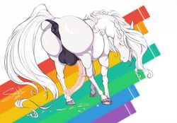 2016 animal_genitalia animal_penis anus balls big_balls big_penis blue_eyes blush cum cum_on_ground ejaculation equid equine equine_penis erection feral fur geometric_background horse horsecock male male_only mammal orgasm penis puffy_anus rainbow simple_background solo svadil tongue white_background white_fur