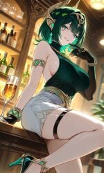 ai_generated big_breasts genshin_impact green_eyes green_hair nefer_(genshin_impact) seductive seductive_look sideboob sleeveless sleeveless_shirt sleeveless_sweater sleeveless_turtleneck teasing teasing_viewer thick_ass thick_legs thick_thighs