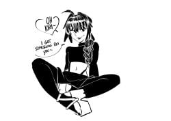 1boy 1enby 1other androgynous black_lipstick braided_hair clinickcase crop_top fate/grand_order fate/samurai_remnant fate_(series) goth goth_femboy goth_makeup gothified high_heels lipstick male male_only non-binary simple_background solo teasing yamato_takeru_(fate)