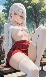 1girls ai_generated bench bra breasts female female_only jamesbron knee_up legwear long_hair looking_at_viewer outdoors pleated_skirt red_skirt skindentation skirt small_breasts smile solo solo_female stockings thighhighs thighs unbuttoned white_bra white_hair white_legwear white_stockings white_thighhighs wide_hips yellow_eyes