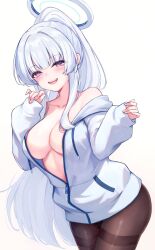 1girls artist_request big_breasts blue_archive cleavage halo jacket jacket_only legwear millennium_science_school_student noa_(blue_archive) pantyhose ponytail seminar_(blue_archive) silver_hair teasing