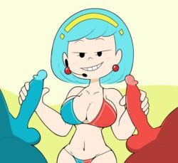 1girls 2boys :d :o amelia_n. animated bikini bikini_bottom bikini_top blue_hair breasts female masturbation miscon mob_face nintendo nintendo_switch partial_male penile_masturbation penis penis_grab short_hair simple_background smile