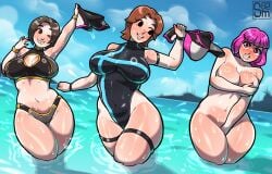 3girls absolutely_nothing_on angry assisted_exposure belly big_breasts bikini blue_sky breasts brown_eyes brown_hair chest cleavage clouds completely_naked completely_nude completely_nude_female covering covering_breasts covering_pussy covering_self crossover crotch embarrassed embarrassed_nude_female enf eyebrows female female_only grin holding_bikini_bottom holding_bikini_top humanoid humans legs mii mii_gunner mii_gunner_(smash_4) mii_gunner_(smash_ultimate) multiple_females multiple_girls navel nintendo_switch_sports nude ocean open_mouth partially_submerged pink_hair samario sea short_hair shoulders sky source_request sportsmate stolen_bikini stolen_clothes stolen_swimsuit stomach suddenly_naked super_smash_bros. super_smash_bros._for_nintendo_3ds_and_wii_u super_smash_bros._ultimate swimsuit_removed tan_lines teeth thighs unhappy upset water