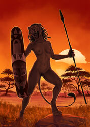 2019 5_fingers anisis anthro breasts day digitigrade felid female grass holding_object holding_weapon lion mammal melee_weapon navel nipples nude open_mouth outside pantherine polearm pussy rock shield sky solo spear standing sun teeth tongue weapon