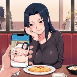 1boy 1girls ai_generated ass big_breasts black_eyes black_hair blush breasts cellphone chair china_dress chinese_clothes cleavage clothing completely_nude date dress drink female food holding_object human_male indoors light-skinned_female light-skinned_male light_skin long_hair male male_pov mature mature_female milf naked naked_female narugirlshot naruto naruto_(series) naruto_shippuden naughty naughty_face naughty_smile no_bra nude nude_female omelette partial_male pov pov_hands presenting presenting_ass presenting_pussy pussy restaurant rice seducing sending_nudes sending_photo sitting solo solo_focus table teasing teasing_viewer uchiha_mikoto upper_body white_skin