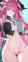 absurdres arknights arknights:_endfield bottomless chinese_commentary colored_pubic_hair commentary_request cowboy_shot do_you_want_to_pet_my_cat_(meme) dragon_girl dragon_horns fat_mons female groin highres horns lauric_p looking_at_viewer meme mons_pubis multicolored_hair navel non-web_source open_mouth pink_eyes pink_hair pink_pubic_hair pointy_ears pubic_hair pussy sidelocks sign solo source_request sparse_pubic_hair stomach sweatdrop thigh_gap thighs yvonne_(arknights:_endfield)