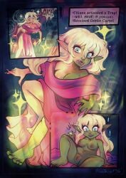 2026 blonde_hair blue_eyes breasts clothing digital_media_(artwork) dress elf english_text female gameplay_mechanics genitals goblin goblinification green_body hair hi_res humanoid humanoid_pointy_ears looking_down magic nakitacat navel nipples not_furry nude pink_clothing pink_dress pointy_ears saving_throw short_stackification shortstack shrinking size_transformation solo species_transformation surprised text transformation trap_(contrivance) vulva