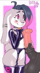 2024 animal_genitalia animal_penis anthro balls biped blush clothed clothing doodle_dip duo ear_piercing english_text equine_genitalia equine_penis erection female flared_penis genitals hi_res highlights_(coloring) lagomorph leather leather_clothing leporid long_ears male mammal medial_ring penis piercing rabbit ruby_(othinus) shortstack shortstack_female signature size_difference skimpy text vein veiny_penis vulva