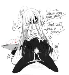 2_horns absurd_res anthro anthro_penetrating anthro_penetrating_humanoid arthropod biped black_body blush bodily_fluids boopie_(artist) bottomless bottomless_female bottomless_humanoid breasts clitoris clothed clothing dialogue digital_drawing_(artwork) digital_media_(artwork) dildo dildo_in_vagina dildo_insertion english_text female female/female female_penetrated female_penetrating female_penetrating_female front_view genital_fluids genitals hair hand_on_leg hand_on_thigh heart_symbol hi_res hollow_eyes hollow_knight hollow_knight:_silksong hollow_knight_(franchise) horn hornet_(hollow_knight) humanoid humanoid_on_anthro humanoid_penetrated insects lace_(hollow_knight) lace_(hollow_knight:_silksong) long_hair looking_pleasured lying moan monochrome on_back on_bottom on_top partially_clothed_humanoid penetration reverse_cowgirl_position segmented_fingers sex sex_toy sex_toy_in_vagina sex_toy_insertion shaking signature simple_background speech_bubble stomach_bulge strapon strapon_insertion strapon_sex team_cherry text toying_partner vaginal_fluids vaginal_penetration vulva white_background white_eyes yuri
