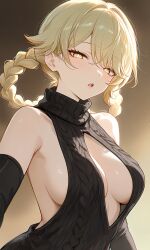 ai_generated blonde_hair blush cleavage cleavage_dress cleavage_focus genshin_impact jahoda_(genshin_impact) petite petite_body petite_female sideboob sleeveless sleeveless_shirt sleeveless_turtleneck small_breasts smile