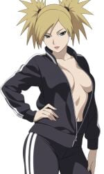 1girls accurate_art_style alternate_costume big_breasts blonde_hair breasts brown_skin busty cleavage clothing female female_only hair_bun hourglass_figure jacket jumpsuit kiripetals large_breasts lipstick makeup midriff naruto naruto:_the_last naruto_(series) naruto_shippuden navel no_bra no_bra_under_clothes oppai pants pinup plain_background plump simple_background solo swept_bangs temari tied_hair top_heavy top_heavy_breasts track_jacket track_pants track_suit twintails undressing voluptuous voluptuous_female white_background workout_clothes