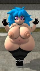 3d big_ass big_breasts blue_hair chubby_female female female_only friday_night_funkin friday_night_funkin_mod innocent_face peace_sign public_exhibitionism public_exposure public_nudity purple_eyes remake remodeling rojo84 rojo_parasito skyblue skyblue_(friday_night_funkin) skyverse