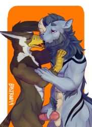 2019 2boys abs anthro anthrofied avian bastriw_(artist) bird blue_hair duo erection furry gay hair hi_res horn interspecies kissing male male_only mammal masturbation nintendo nude original_character penis pokémon_(species) pokemon pokemon_dppt simple_background smile staraptor text thick_thighs video_games watermark yaoi