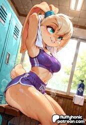 2022 5_fingers ai ai_assisted ai_generated anthro anthro_only armpit armpit_hair armpit_tuft arms_above_head arms_behind_head arms_up ass athletic athletic_anthro athletic_female athletic_wear bench big_breasts big_eyebrows big_eyelids big_eyes big_eyeshadow big_tail blonde_hair blue_eyes blue_eyeshadow blue_lockers blue_sports_bra blue_sports_pants blush bodily_fluids bottomwear breasts brown_body brown_fur brown_tail buckteeth camel_toe chest_tuft cleavage cleavage_cutout clothed clothing clothing_tug cloud container container_with_clothing container_with_towel countershade_face countershade_fur countershade_torso countershading day detailed detailed_background detailed_fur detailed_shading detailed_texturing digital_media_(artwork) digitigrade dipstick_ears dipstick_tail eyebrows eyelashes eyelids eyeliner female female_anthro female_only fingers fluffy fluffy_tail fluffyhonic front_view fur fur_tuft fur_tuft_on_arm fur_tuft_on_butt fur_tuft_on_chest fur_tuft_on_leg fur_tuft_on_shoulder fur_tuft_on_wrist furgonomics furry furry_female furry_only furry_tail gloves_(marking) green_eyes green_eyeshadow green_sclera gym gym_bottomwear gym_clothing gym_shorts gym_top hi highres lola_bunny looney_tunes shaded shaded_art shaded_digital_media_(artwork) shaded_digital_media_(medium) shaded_digital_painting_(artwork) shaded_pencil_(artwork) shaded_pencil_drawing shaded_pencils_(artwork) shining_light shiny space_jam uncensored warner_brothers